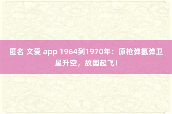 匿名 文爱 app 1964到1970年：原枪弹氢弹卫星升空，故国起飞！